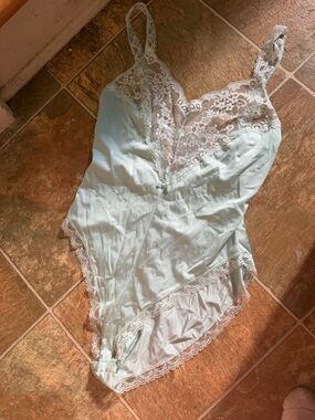 Vintage Light Mint Lace-Trim Satin Bodysuit